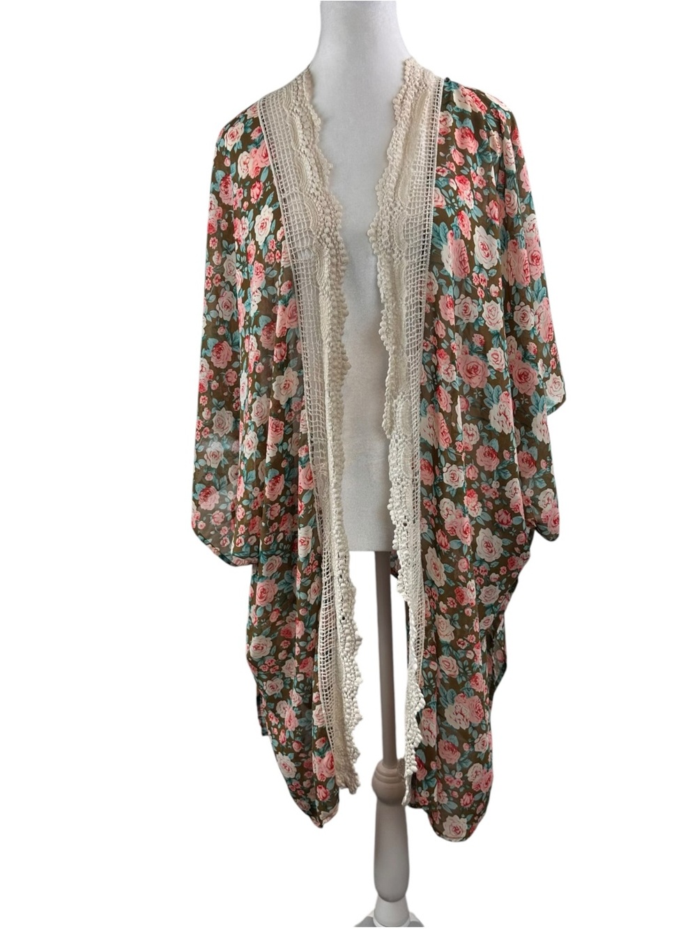 Boho Floral Lace Trim Kimono Romantic Robe Pink Floral Lady's World Size S/M